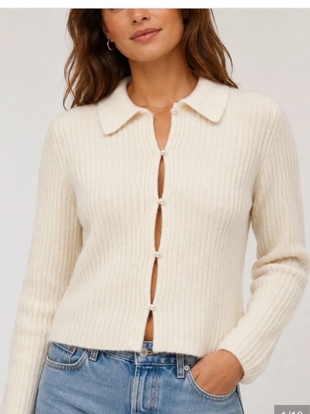 Abercrombie & Fitch Cream Bridal Ribbed Pearl-Button Sweater